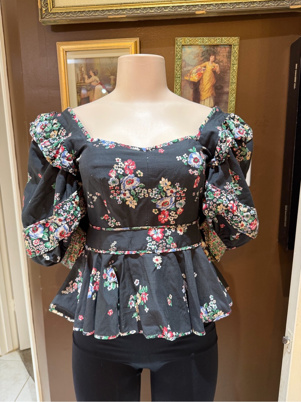 HUNTER BELL Black Floral Puff-Sleeve Peplum Top FLAWED
